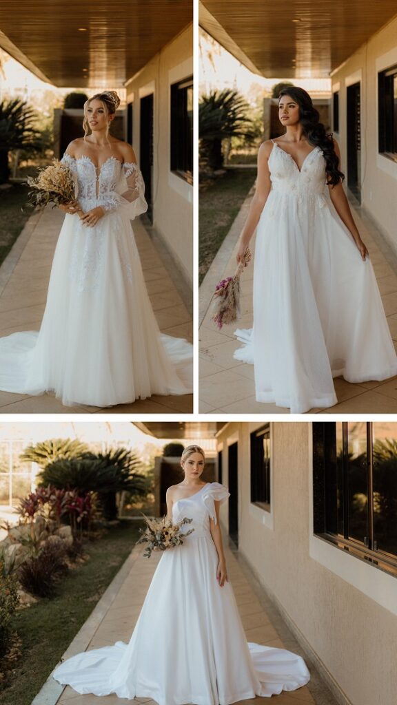 mulheres usando vestido de noiva