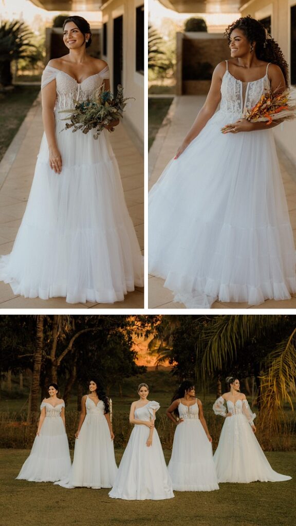 mulheres usando vestido de noiva