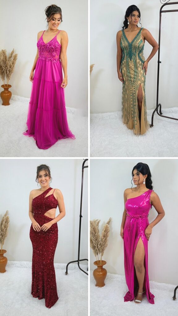 moças usando vestido de festa, vestidos nas cores rosa, dourado/bege/verde, e vermelho