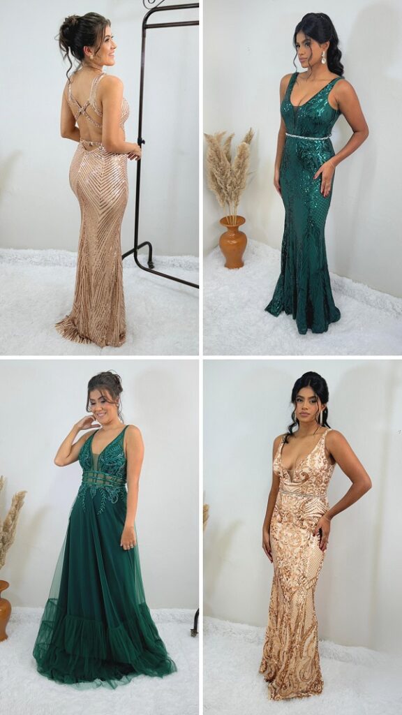 mulheres usando vestido de festa, vestidos nas cores verde, dourado/bege