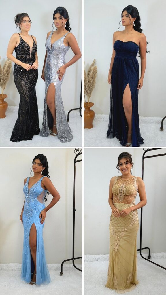 mulheres usando vestido de festa, vestidos nas cores verde, prateado, dourado/bege e azul