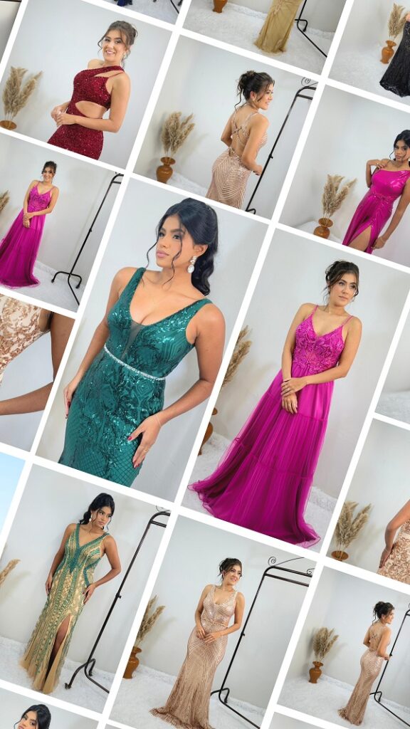 mulheres usando vestido de festa, vestidos nas cores verde, vermelho, rosa e nude