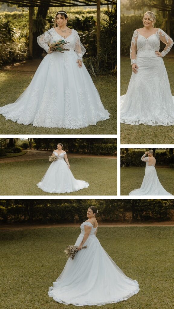 mulheres com vestido de noiva da coleção Florença, plus size