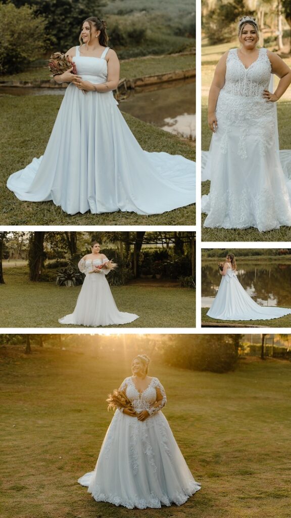 moças utilizando vestidos de noiva da coleção florença, plus size