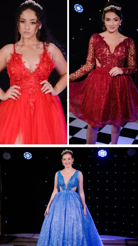 moças usando roupa de festa de debutantes, para festa de 15 anos, nas cores alaranjado, vermelho e azul