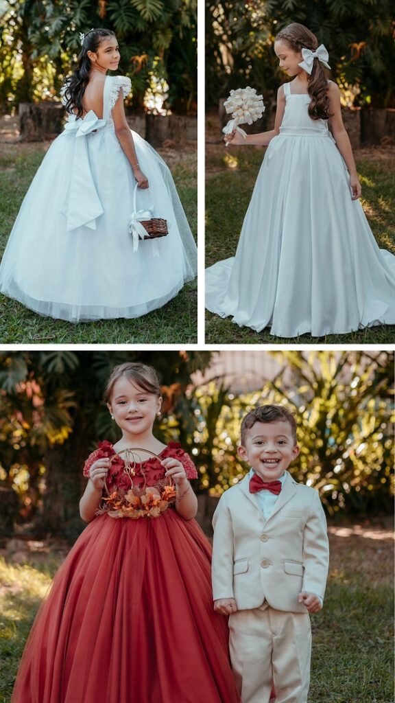 crianças usando roupa de festa de casamento, dama de honra e pajem