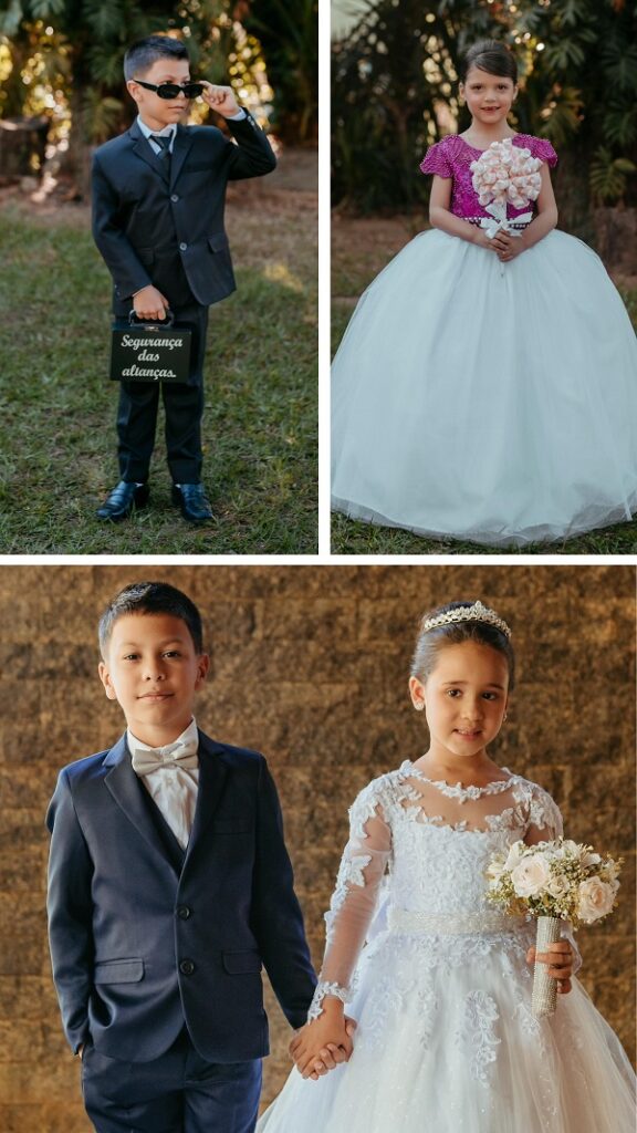 crianças usando roupa de festa de casamento, dama de honra e pajem
